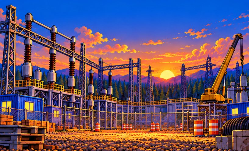 Baustelle eines 380-kV-Umspannwerks im Abendlicht